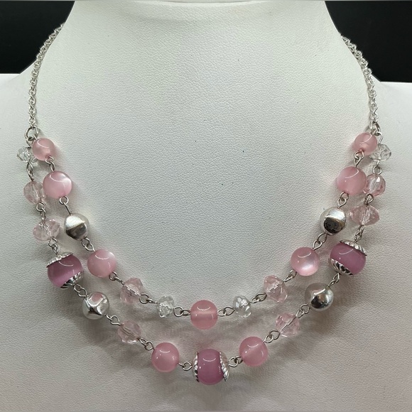 Jewelry - PALE PINK SILVERTONE LAYERED STRAND ADJUSTABLE CHOKER NECKLACE